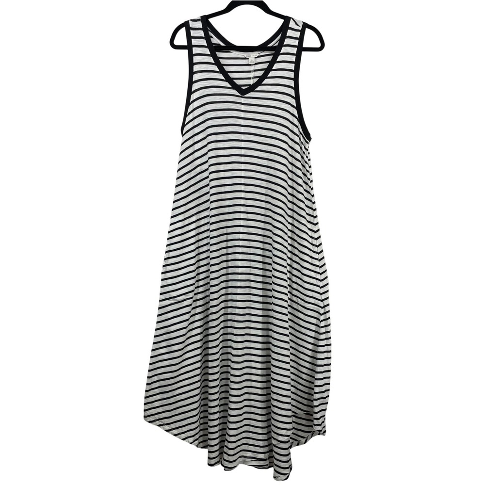 Cato Size XL Midi Tank Dress Black White Striped V-Neck High-Low Hem Pockets